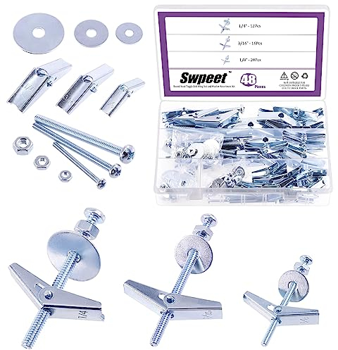 Swpeet Set di 48 bulloni a levetta e dadi ad ala con dadi esagonali, rondelle, kit assortimento di bulloni a levetta, tasselli a farfalla per appendere oggetti pesanti su cartongesso - 1/8 pollici,