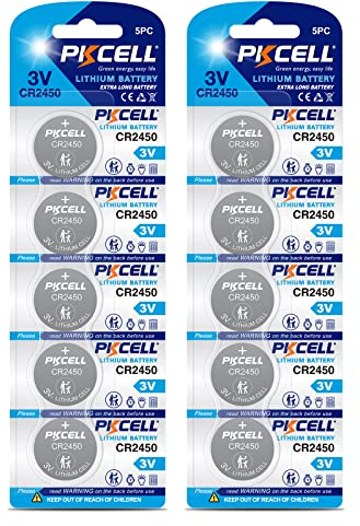 PKCELL CR2450 3V Lithium Battery c2450/cr2450n Button Cell Batteries 600mAh for Car Key Remote Controls, Pack of 10