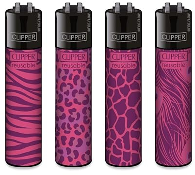Clipper Feuerzeuge 4er Set + 1x DHOBIA Feuerzeug (Pink Wildlife)