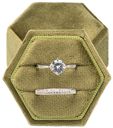 POKOFO Vintage Hexagon Velvet Bearer Box Double Ring with Detachable Lid (Olive Green)