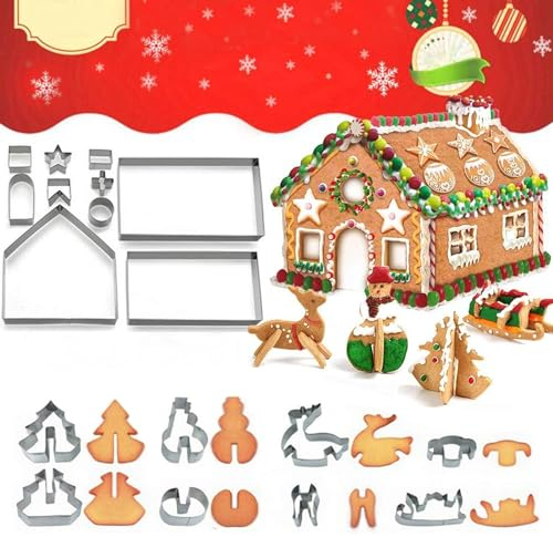 WishesMar Navidad Cortador de Galletas Kit Casa de Jengibre Moldes 18 Piezas 3D Forma de Casa de Pan de Jengibre para Hornear Bricolaje Decoración Festiva