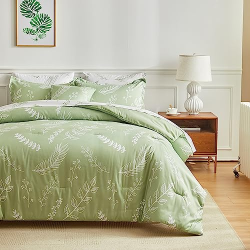 Lanqinglv Bettwäsche 135x200cm 4Teilig Grün Weiß Blätter Pflanzen Wende Bettwäsche 2er Set Blumenmuster Microfaser Renforce 2 Bettbezug und 2 Kissenbezug 80x80cm mit Reißverschluss