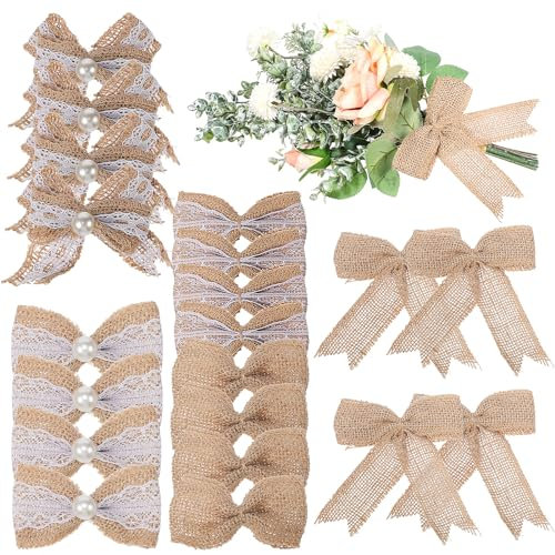 HOMSFOU 20pcs Burlap Bowknots Set Burlap Bows Lace Jute Bows Pre Tied Bows for Christmas Tree Vintage Wedding Party Decor