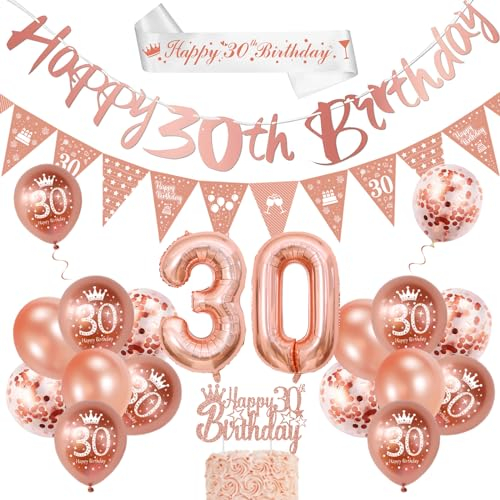30 Geburtstag Frauen, 30 Geburtstag Deko Rosegold,Deko 30 Geburtstag Frau mit Happy Birthday Girlande Banner Luftballon 30. Geburtstag 30. Geburtstag Schärpe Tortendeko für 30. Geburtstag Frauen