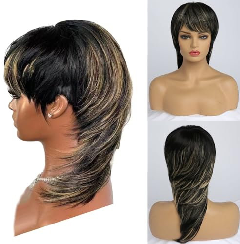 BESTUNG Gemischte Blonde Mullet Perücken für Frauen Kunsthaar Blonde gemischte schwarze Perücken für Frauen Shaggy Layered 70er 80er Jahre Jahre Mullet Perücken mit Bangs Wolf Cut Gerade Perücken