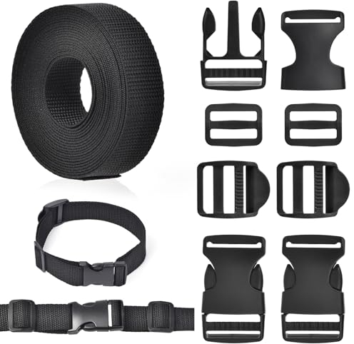 GGXZHT Schnallen Gurtband Set 25mm Nylon Gurtband 5M mit Schnallen und Verschlüsse, Einstellbare Kunststoffschnalle, Klickverschluss für Rucksack Gepäckgurten DIY