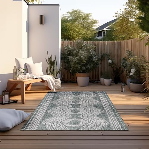 Elle Decoration In und Outdoor Teppich – Wendeteppich Wetterfest & Wasserfest - Modernes Boho Ethno Muster Geometrisch Outdoorteppich für Garten, Balkon, Terrasse, Wohnzimmer – Grün, 160x230cm