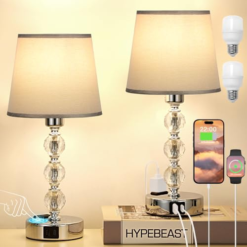 Kakanuo Nachttischlampe Touch Dimmbar 2er Set, Kristall Tischlampe mit USB-A+C-Anschlüssen Steckdose LED Birnen, Moderne Lampe mit Grau Stoff Lampenschirm für Wohnzimmer Schlafzimmer Büro Hotel