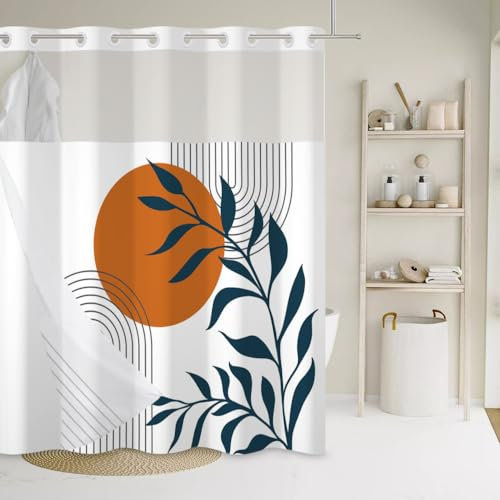 Rideau Douche Abstrait Boho, Uiiooazy Rideau de Douche Couche Double San Crochets Terracotta Feuilles Bleu Motif Rideau de Baignoire Anti Moisissure Imperméable avec Doublure Encliquetable 180Lx180Hcm