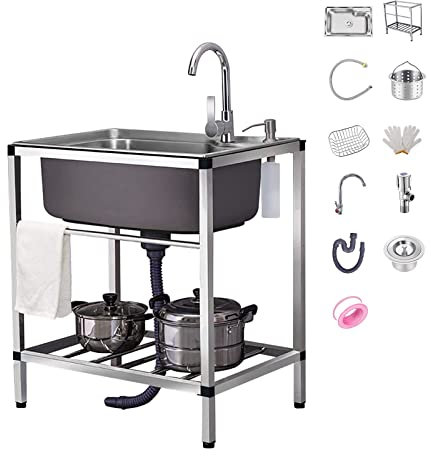 Genérico Fregadero cocinaFregadero De Jardín Profesional, Fregadero De Cocina para Barbacoa Al Aire Libre, Fregaderos Comerciales Independientes De Acero Inoxidable, con Grifo, Accesorios, Fregadero