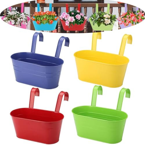 Aeetial Hanging Flower Pots Planter Basket for Railing Fence Hanging Bucket Pots Countryside Style Window Flower Plant Holder with Detachable Hooks Home Garden Decor (Colorful 4pc Metal)