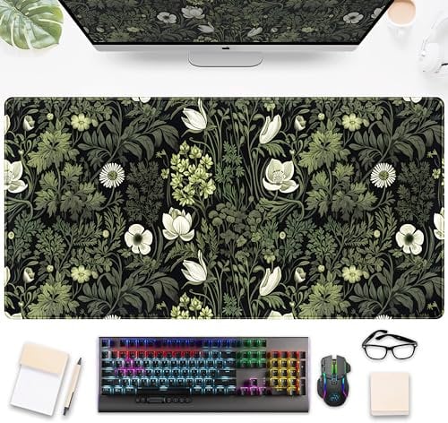 Gaming-Mauspad und Schreibtischunterlage mit Blumenmotiv, Größe XXL, Dunkelgrün, Blatt-Motiv, Laptop-Tastaturmatte, 80 x 40 cm