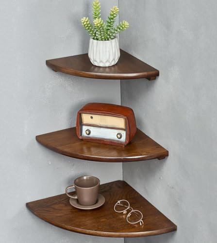 Conamily Corner Shelves, Floating Corner Shelf, Set of 3 Solid Oak Wood Corner Wall Shelves, Round End with Wire Hole Shelving for Small Plant for Bedroom Kitchen, Living Room (Size 9/10/12in)