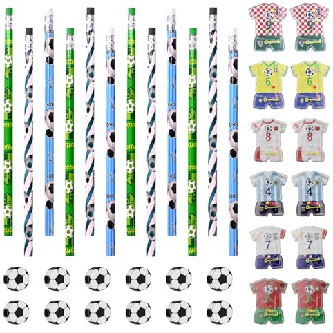 Elepl Matite da Calcio 12 Pezzi Matite con Gomma da Calcio e Gioco di Flipper Calcio Carine Sportive Matite in Legno a Tema Calcioper Bambini Festa Ufficio Scuola Casa
