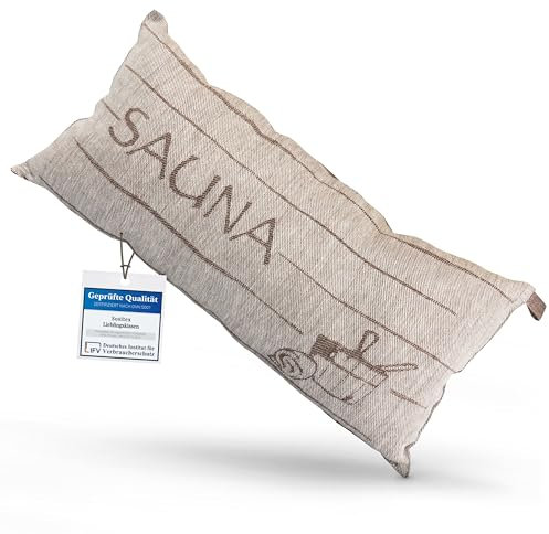 sositex | 1 coussin de sauna de qualité supérieure Coussin de voyage | Design : SAUNIA | Dimensions : 50 x 25 cm, hamac en lin/coton, plage ou pique-nique (marron/blanc)