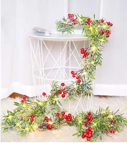 Guirnalda Navidad,Corona Navideña de 1,8 Metros de Largo con 20 LED, Bayas Rojas y Hojas Verdes,Adecuado para Adornos Navidad, Decoracion Hogar