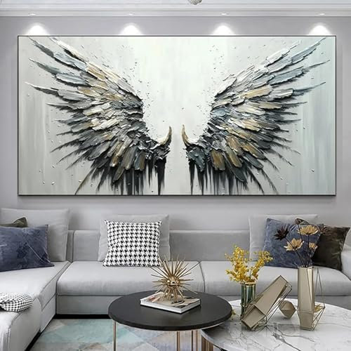 AWKFHF Abstrakte Schwarze und Graue Feder Große Flügel Leinwand Bilder Kein Rahmen Malerei Poster Kunstdruck Wohnzimmer Schlafzimmer Wand Deko (80X160CM,ohne Rahmen)
