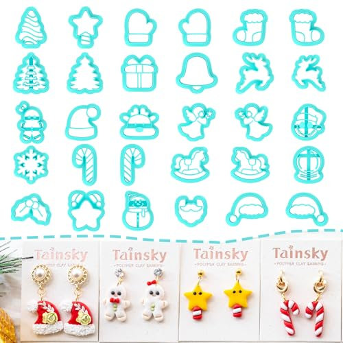 TAINSKY Weihnachts-Tonschneider, 30 Formen, Tonschneider für Polymer-Ton-Schmuck, Weihnachtsmann-Ton-Ohrring-Ausstecher, Weihnachtsbaum-Tonschneider für Polymer-Ton-Schmuck,
