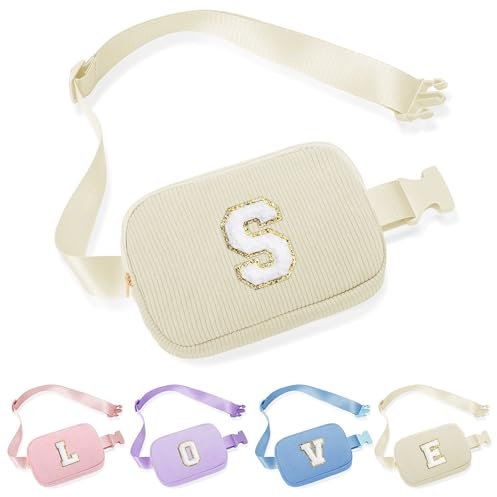 Parima Damen Mädchen Bauchtasche - Cord Bauchtasche Beige Gürteltasche Hüfttasche Personalisierte Geschenke für Mädchen Geburtstagsgeschenk für Frauen mit Buchstaben S