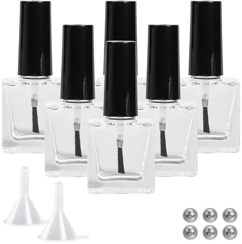 GORGECRAFT 6 Flacon de Vernis à Ongles Vide avec Bouchon à Brosse Flacons de Vernis à Ongles Rechargeables en Verre Carré Transparent de 10ml avec 6 Boules D'Agitation de Mélange et 2 entonnoirs