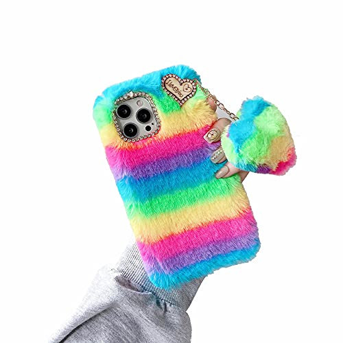 Nadoli für iPhone 16e Fluffy Furry Case,Stilvoll Regenbogenfarben Entwurf Glitzer Diamant Plüsch Weich Silikon Stoßfest Handyhülle Schutzhülle mit Herz Form Anhänger