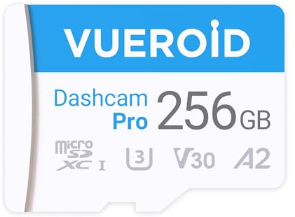 Vueroid Dashcam Pro Carte microSD 256 Go avec adaptateur lecteur C10, V30, UHS-I, classe 10, A1, carte mémoire haute vitesse pour vidéo 4K UHD, vitesse de lecture jusqu'à 100 Mo/s microsdxc