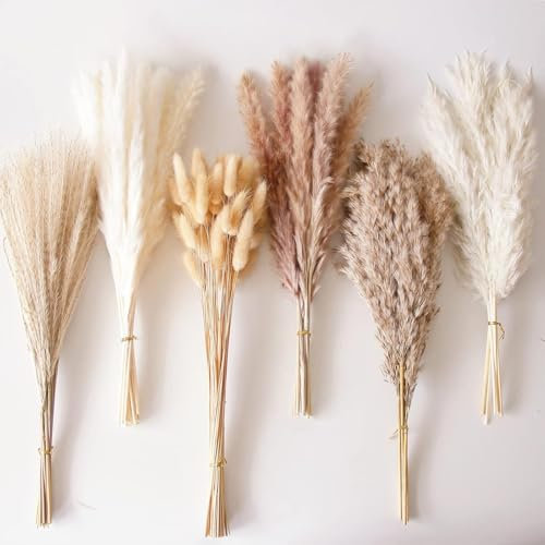 110 Pcs Natural Dried Pampas Grass Bouquet, Boho Home Decor 14''~17, Suitable for Wedding, Home, Rustic Party, Baby Shower Decorations (White & Brown)
