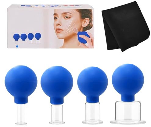 Ventouse Massage Verre, 4 Pièces Ventouse Visage Silicone, Ventouse en Silicone pour Massage, Ventouse en Verre Cupping Thérapie, pour Raffermit la Peau, Anti-Cellulite, Réduit les Rides (Bleu)