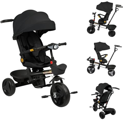 Homewell 3in1 Kinderdreirad mit Schubstange Lenksystem, Dreirad ab 1 Jahr, drehbarer Sitz, ausklappbarem Verdeck mit Sonnenschutz, Getränkehalter Korb im Set, Musik und Licht (Schwarz)