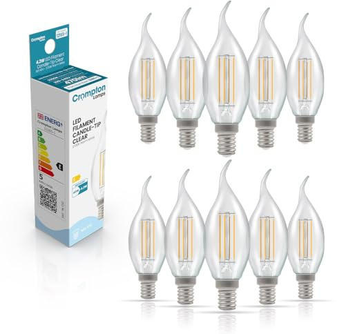 Crompton Lamps Bent-Tip Candle LED Light Bulb SES-E14 | 4.2W = 40W Equivalent | Warm White 2700K | Flame Tip | Small Screw Lightbulb | Long Life 10,000-Hrs | Clear Glass | Dimmable | 10-Pack