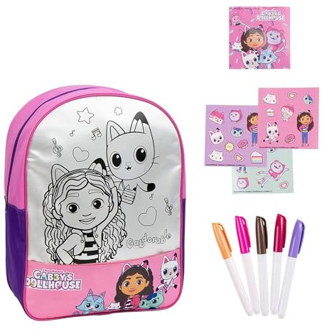 Mochila Infantil Gabby’s Dollhouse para Colorear con Rotuladores y Pegatinas - Set Creativo de Mochila Personalizable para Niñas Fans de Gabby’s Dollhouse