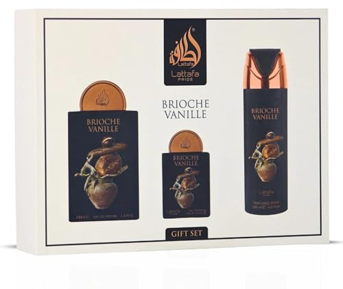 Lattafa Pride Brioche Vanille Gift Set 3-Piece (100ml EDP + 200ml Perfumed Body Spray + 20ml Travel EDP) – Unisex Long-Lasting Fragrance – Bergamot, Brioche Accord, Vanilla, Praline