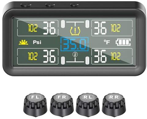 Pressure Monitoring System, Real-time Pressure & Temp Monitoring, Solar Tire Pressure Monitor with 4 Sensors, Easy USB Charge, IPX7, LCD Display