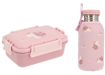 Tutete | Set Comida Infantil Bento 900ml y Botella Isotérmica 750ml | Fiambrera bento + botella acero inoxidable + funda. Sin BPA. Hermético antigoteo. Ideal colegio y deporte | magical unicorn 780ml