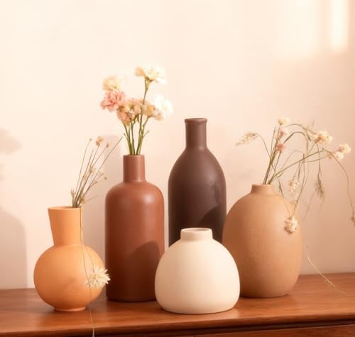 VASETOPIA Vasen Keramik 5 Stück, Kleine Blumenvasen Set für Dekor, Minimalistisch Vase Home Decor für Pampas Grass, Wohnzimmer, Esszimmer (10 Dunkelbraun/Rotbraun/Khaki/Beige/Orange)