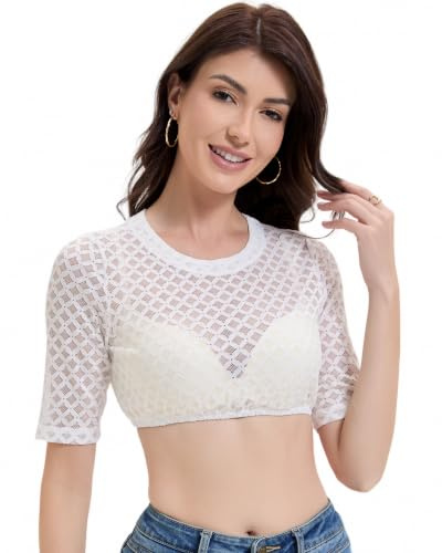 Trachtland Blusa Dirndl Mujer Manga Corta para Traje Tradicional Oktoberfest Elegante con Botones y Encaje Blanco Talla 34-44