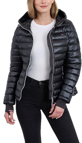 Tommy Hilfiger Leichte verstaubare Pufferjacke für Damen mit Kapuze und Tasche