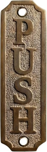 Vintage Brass Plaque Solid Brass Room Nameplate, Rustic Engraved Cabin Plaque with Pre-Drilled Holes for Easy Mounting, Durable Bathroom & Room Label (5 INCH, Push)