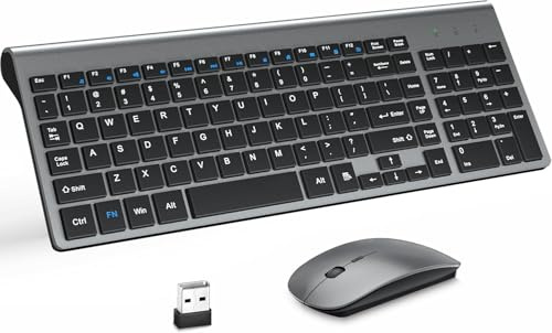 Ensemble clavier et souris sans fil avec tapis de souris ultra fin, 2,4 G USB silencieux et compact avec couvercle, 2 piles AA et 2 piles AAA, pour ordinateur portable/PC/Windows – Gris noir
