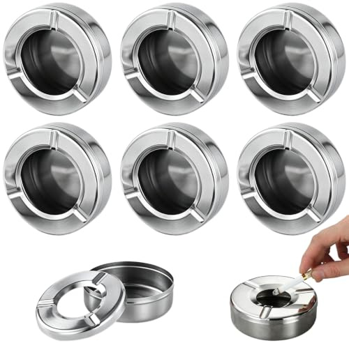 Vexnaro 6 Pièces Cendrier Extérieur en Acier Inoxydable, Cendrier Rond avec Couvercle Amovible Coupe-Vent pour Jardin, Terrasse, Balcon, Bureau, Hôtel, Restaurant, Cuisine et Table