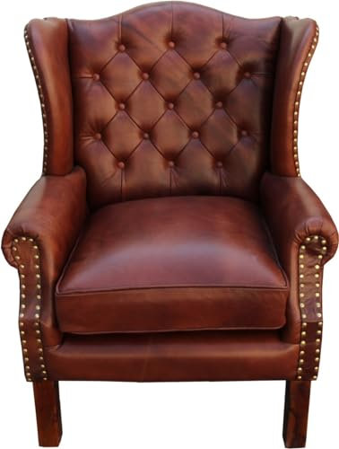 Casa Padrino Luxus Echtleder Chesterfield Ohrensessel Braun 72 x 65 x H. 103 cm - Hotel Möbel Ohren Sessel Leder