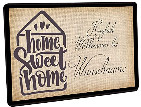 Crealuxe Fussmatte 'Wunschtext/Wunschname Herzlich Willkommen - Motiv Home Sweet Home' personalisiert, Fußabtreter, Fußabstreifer für die Haustür, Fußmatte rutschfest