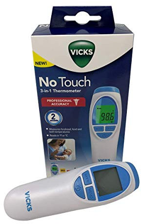 Vicks No Touch 3-in-1-Thermometer, misst Stirn, Essen und Badetemperaturen.