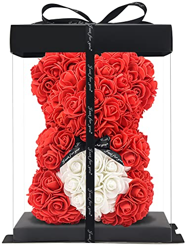 orso rosa - orsacchiotto rosa 10 pollici Hugz Teddy Flower Bear - Oltre 250 dozzine di fiori artificiali - regali unici, regali per le donne Scatola regalo trasparente (red)