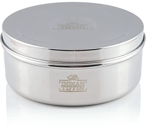 Indian-Tiffin Masala Dabba Récipient à épices hermétique - avec étiquettes et cuillère à épices (Grand (20cm), Couvercle en acier, Couvercle intérieur, Pas de couvercle sur les pots intérieurs)