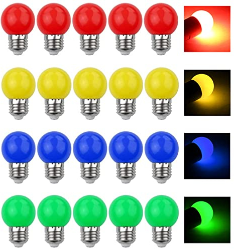 V-TOO LED 20 Pack Coloured Light Bulb E27 Screw Cap 3W LED Light Bulbs Mood Ambiance Lighting for Home Decoration Party Patio Christmas Effect Lights Multi Colour Red Yellow Blue Green