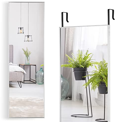 RELAX4LIFE Miroir Accroche Porte 120x37cm Cadre Alliage d'Alu Verre avec Film Antidéflagrant, Miroir Porte Suspendu pour Chambre Vestiaire Entrée (Argenté, 120 x 37 cm)