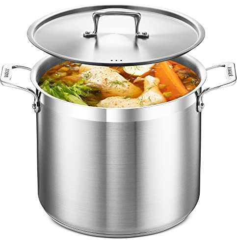 BAKKEN - Olla de 12 cuartos de galón, acero inoxidable cepillado, olla de inducción resistente con tapa y asas remachadas, para sopa, mariscos, caldo, enlatado y para catering para grupos grandes y