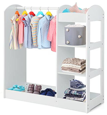 DREAMADE Kinderkleiderschrank mit Spiegel und Kleiderstange, Kinder Kleiderschrank Kinderregal mit 4 offener Ablagen, Kinder Kleiderständer für Kinderzimmer, 93,5x38x100cm (Weiß)