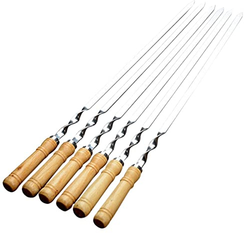 Ferleiss 6Pcs 55cm BBQ Skewers Long Handle Shish Kebab Barbecue Stick Wood BBQ Fork Stainless Steel Outdoors Needle